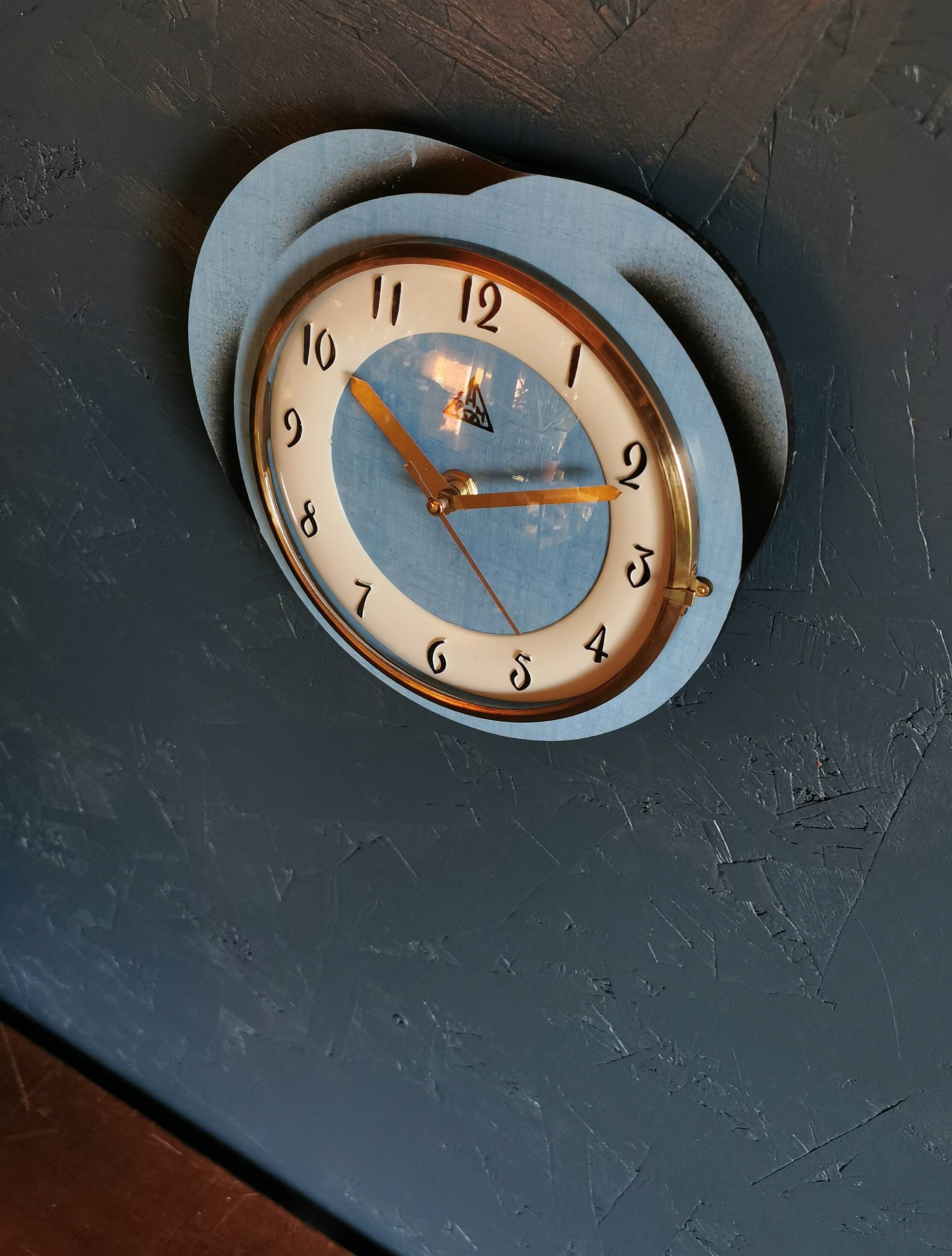 Silent vintage formica wall pendulum clock "Dam blue black"