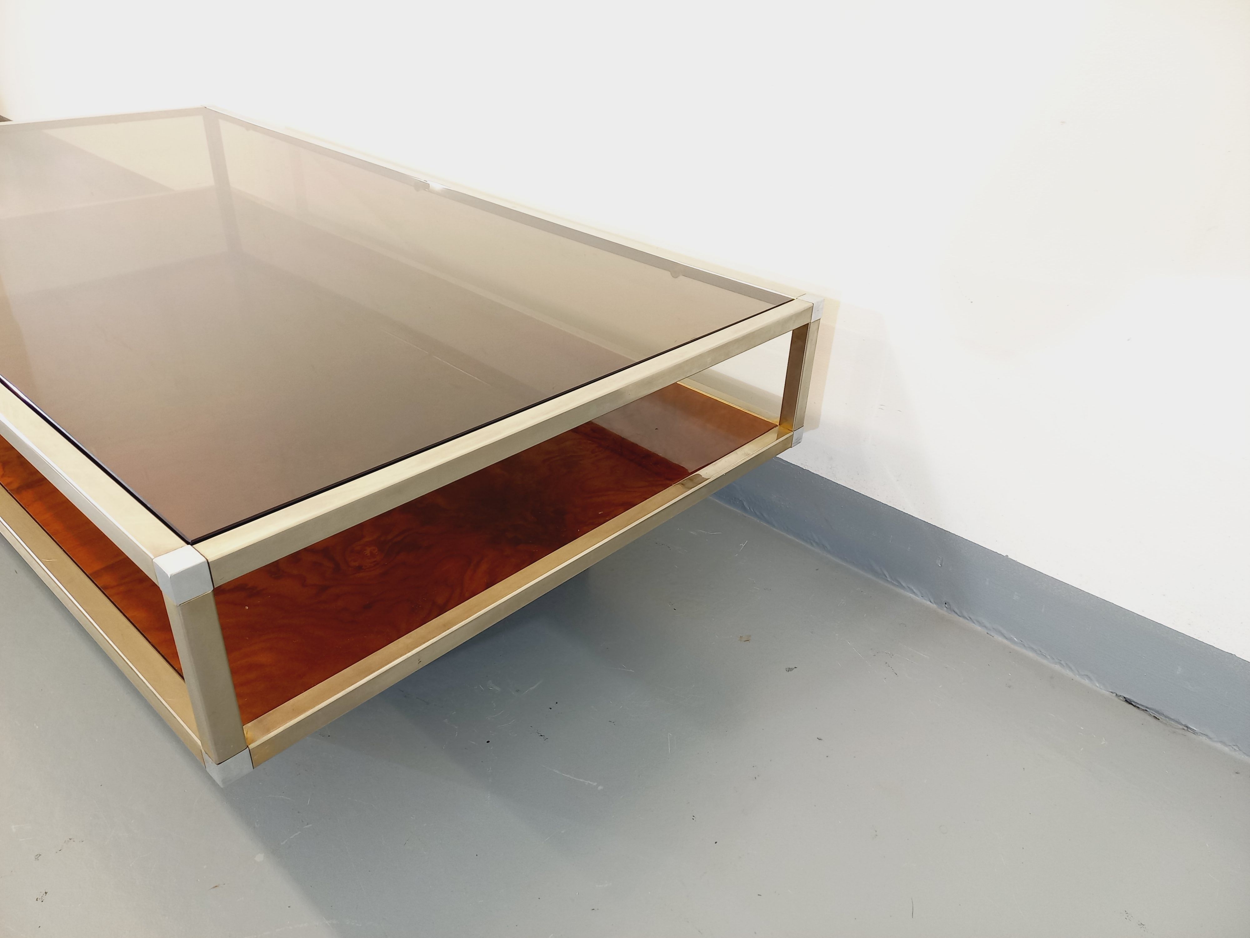 Vintage coffee table in smoked glass, chromed metal and magnifying glass from the 70s