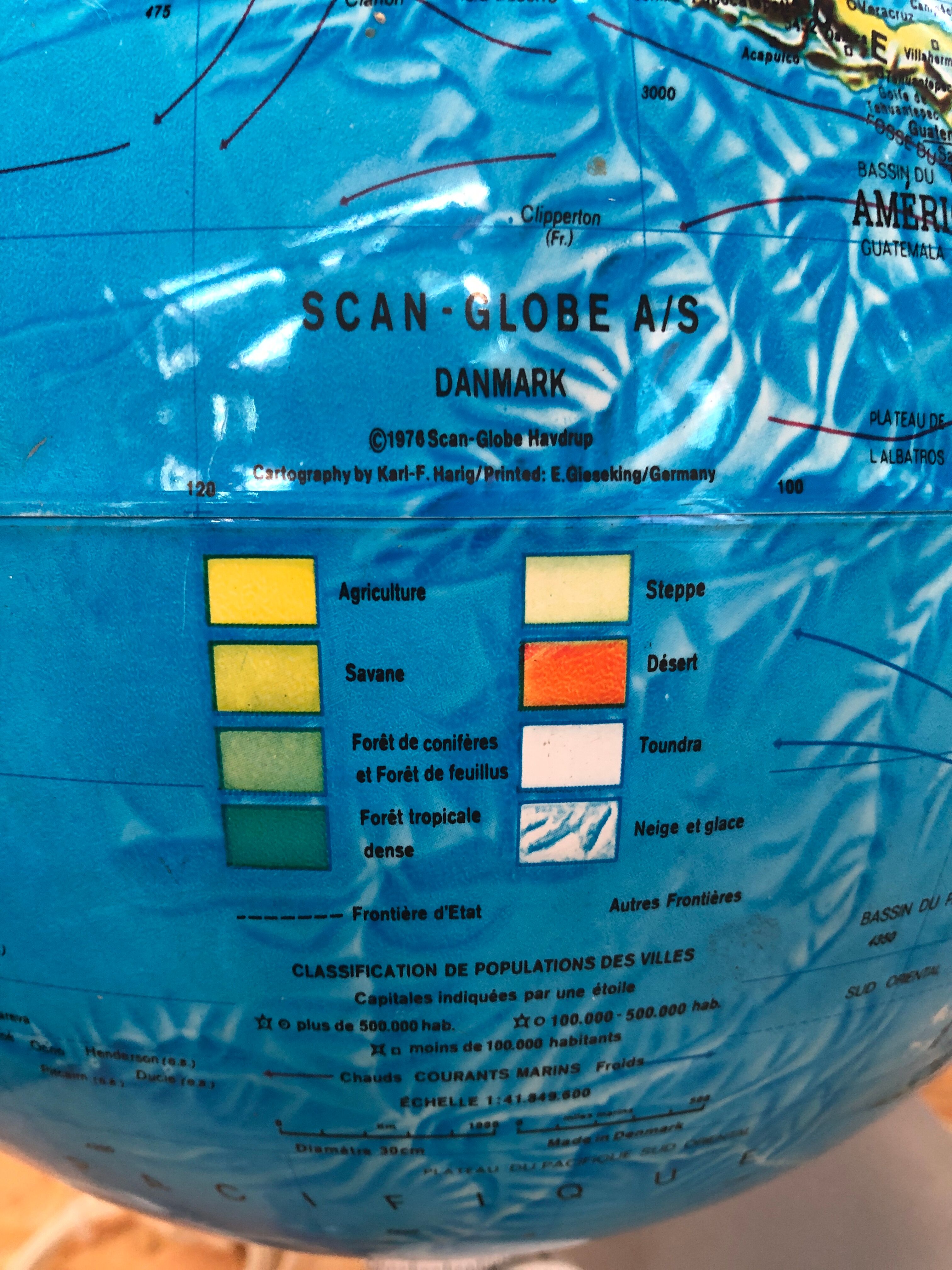 Ancien Globe Terrestre Mappemonde Globe A/S Danemark Type 2000Z Vintage