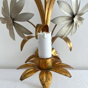 Vintage Hollywood Regency gold metal leaf wall sconce.