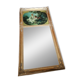 Trumeau miroir surmonté d'une huile sur toile représentant un paysage champêtre