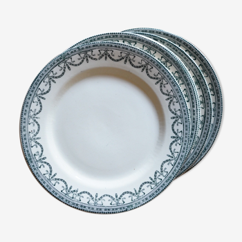 6 assiettes à dessert ancienne en faïence fine, terre de fer, décor vert "Guirlandes Louis XVI"