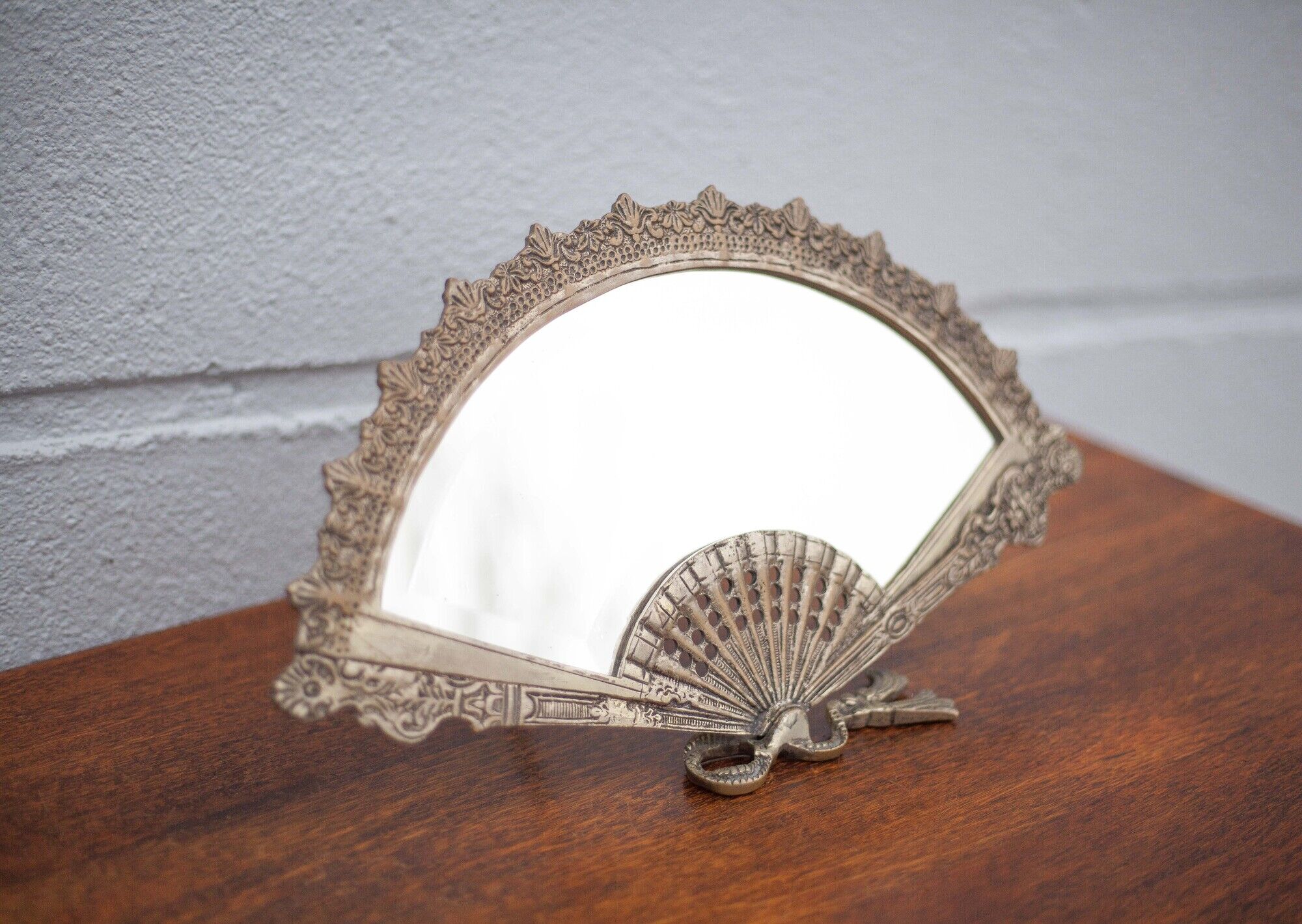 Patinated brass fan mirror, table mirror, courtesy mirror, beveled mirror, mirror to be installed