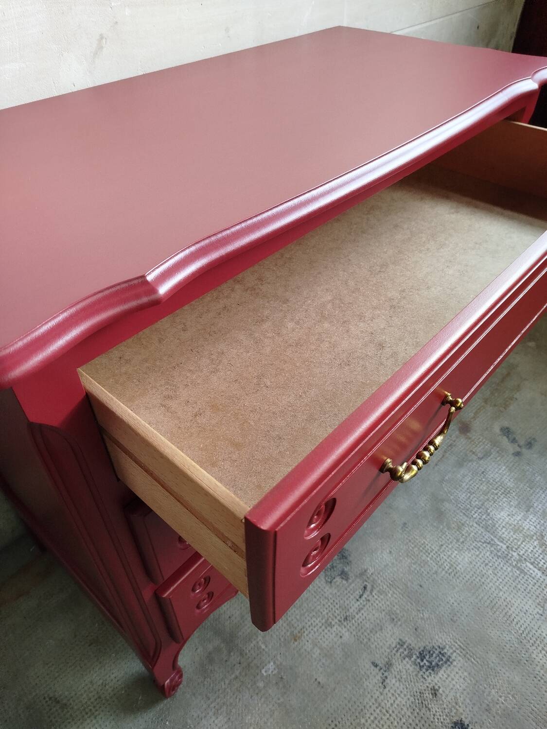 Vintage chest of drawers restyled in Bordeaux red