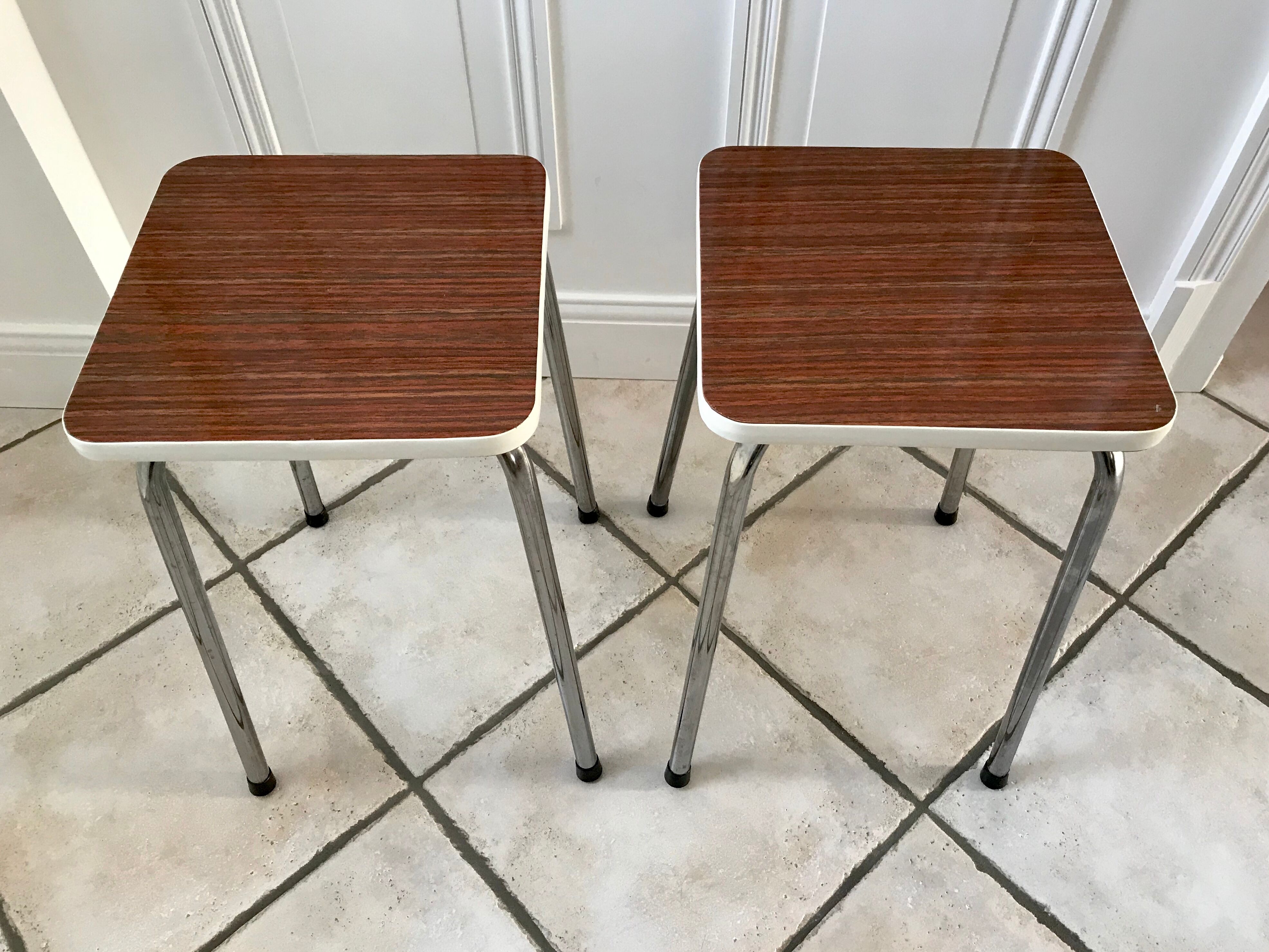 Pair of formica stools brown style veneer and white 70s