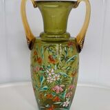 Enamelled green glass vase