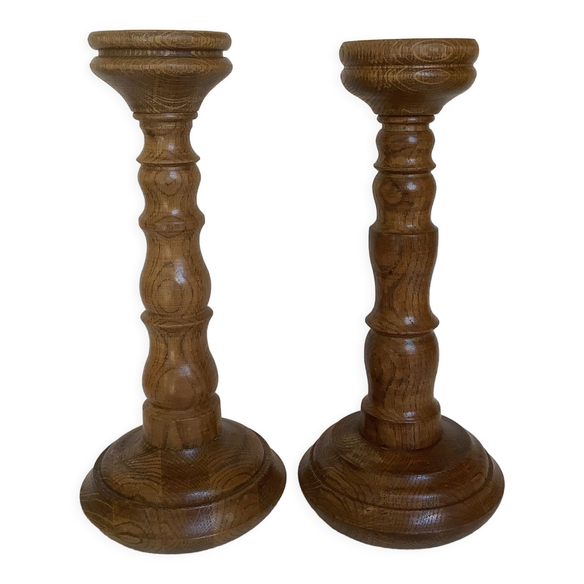 Pair old large wooden candle holders brutalist