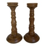Paire anciens bougeoirs en bois brutaliste