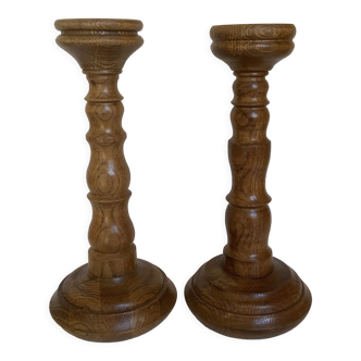 Pair old large wooden candle holders brutalist