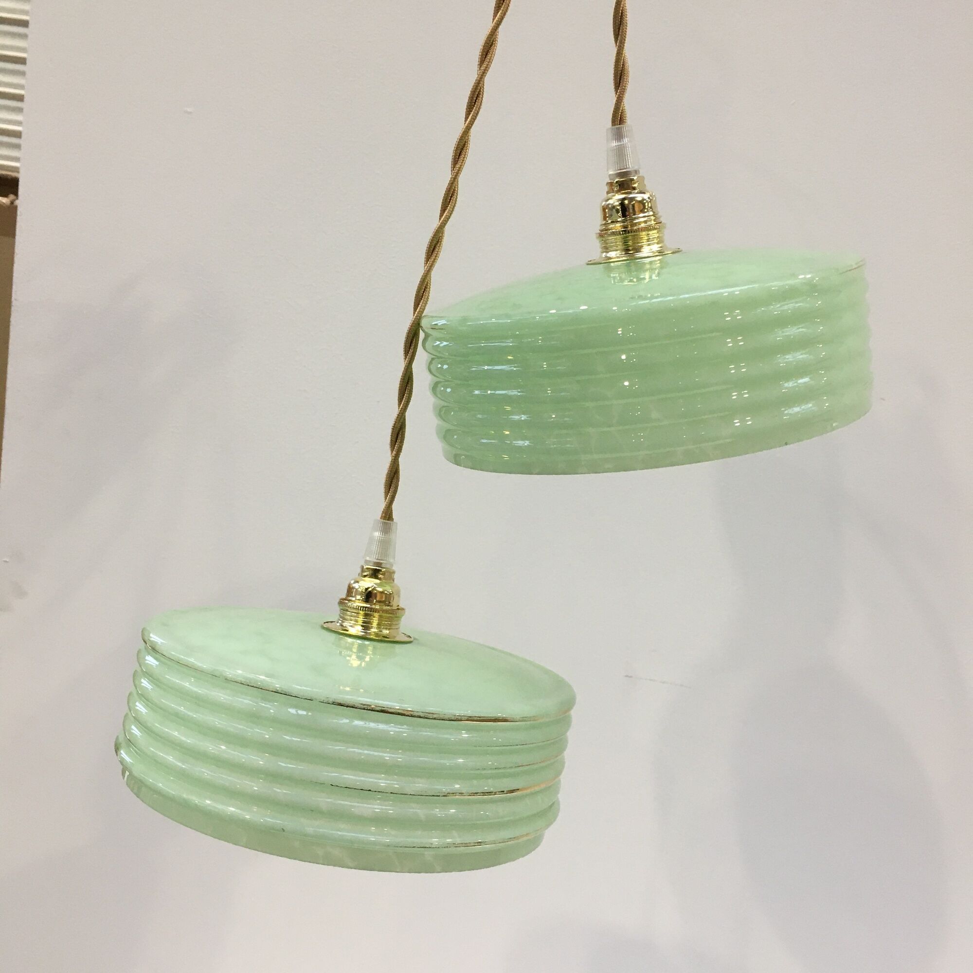 Pair of Art Deco pendant lamps in green Clichy glass