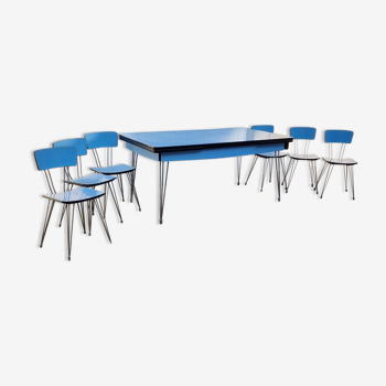 Table formica bleue, marque sif, vintage, pieds eiffel, et ses 6 chaises, années 50