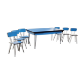 Large blue formica table, SIF brand, vintage, eiffel legs, and its 6 chairs, 50s