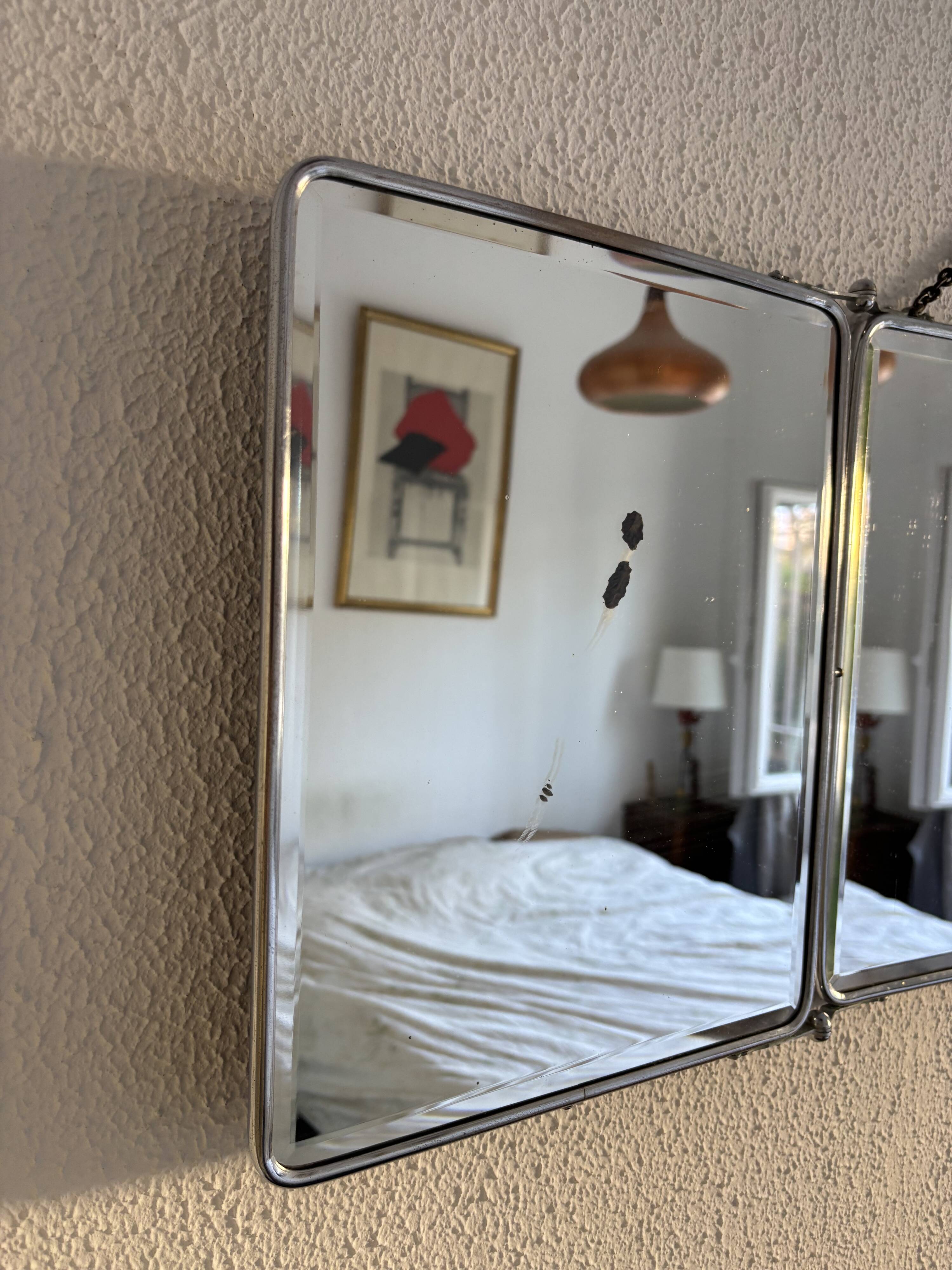 Vintage 1940s triptych barber mirror, bevelled chrome, snake imitation - 31 x
