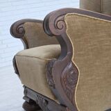 1960s, Danish armchair, original green furniture velour, carved oak wood.