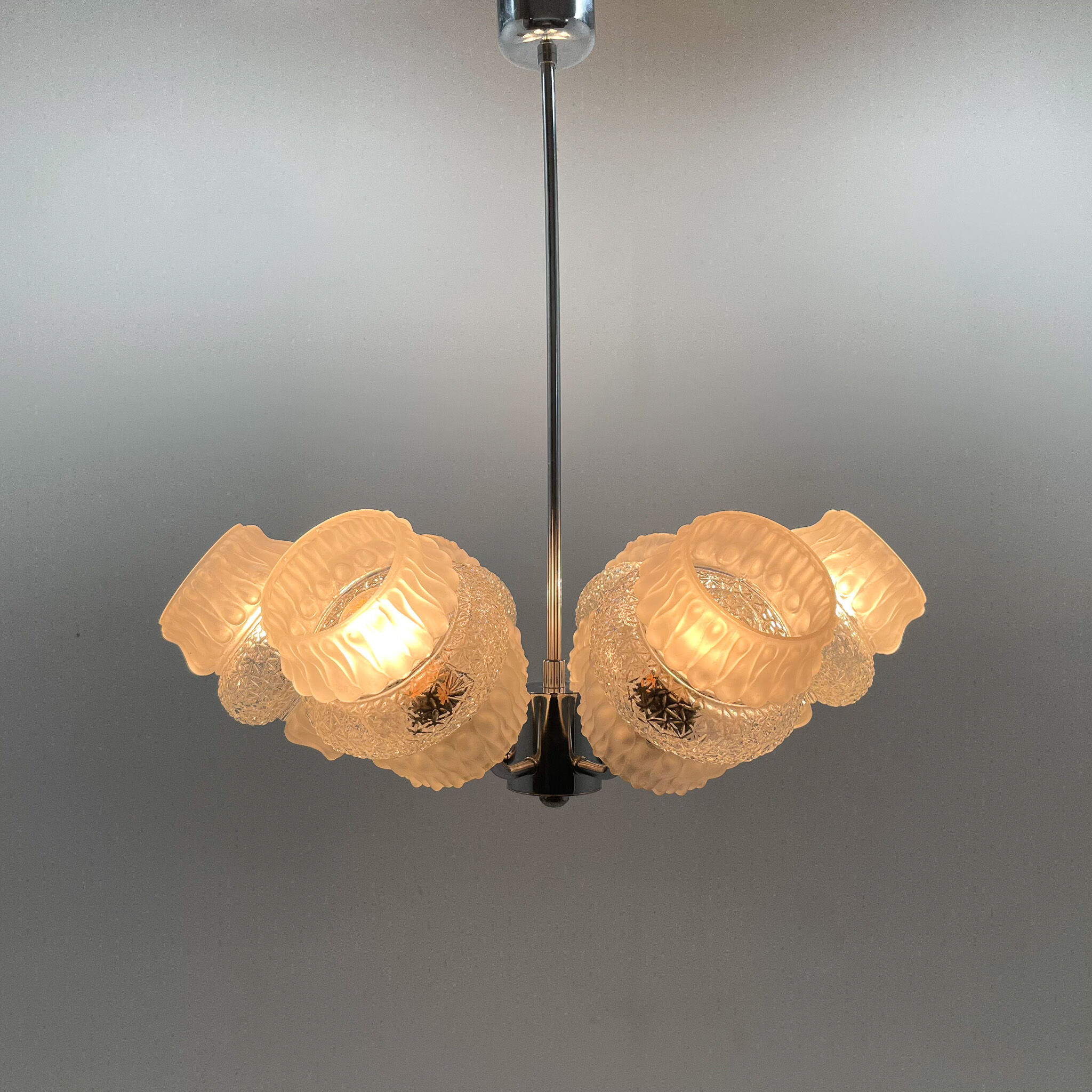 Mid-century glass & chrome chandelier, 1970's