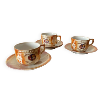 Lot de 3 assiettes & soucoupes en procelaine fine irisante rose & orange