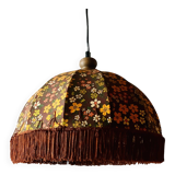 Vintage fringed pendant light in floral fabric - 1970s