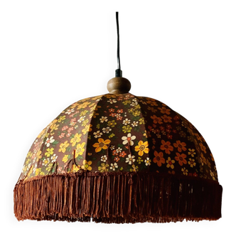 Vintage fringed pendant light in floral fabric - 1970s