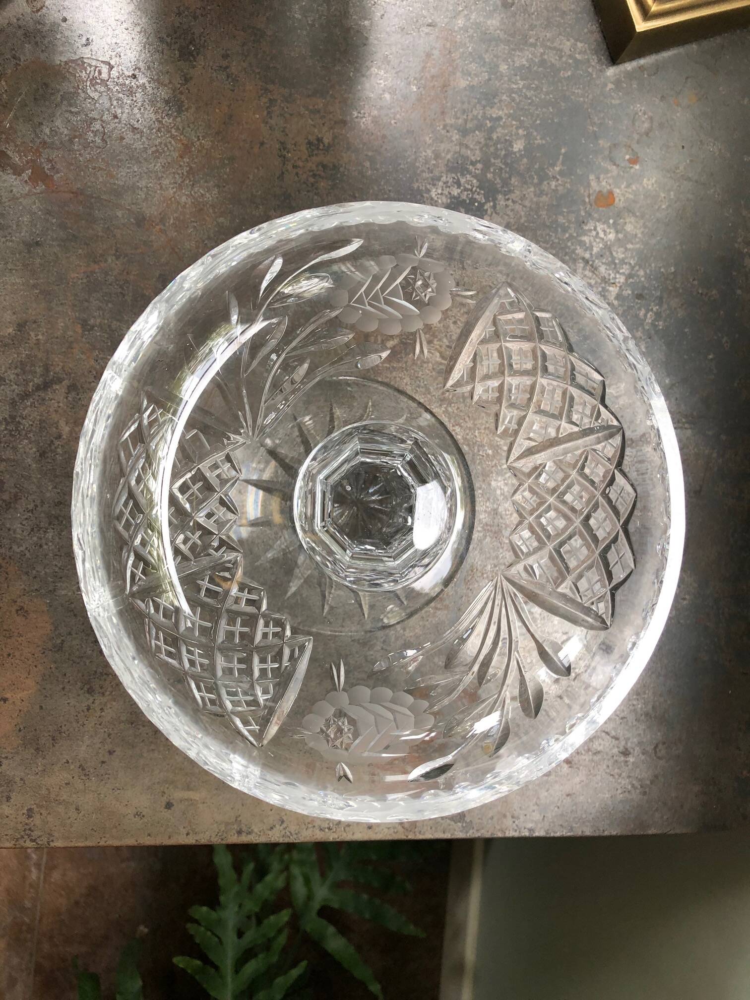antique footed bowl in engraved glass - fruit bowl