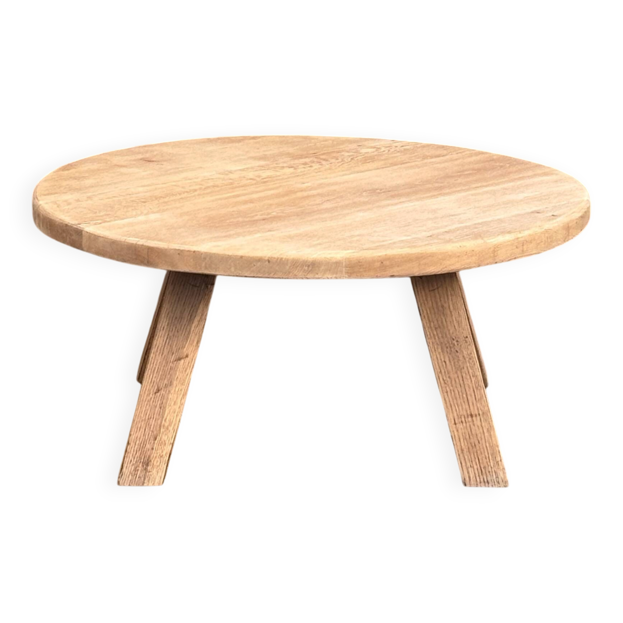 Antique round coffee table in raw solid oak.