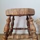 Tripod stool "Bobbin" style, turned wood and straw.