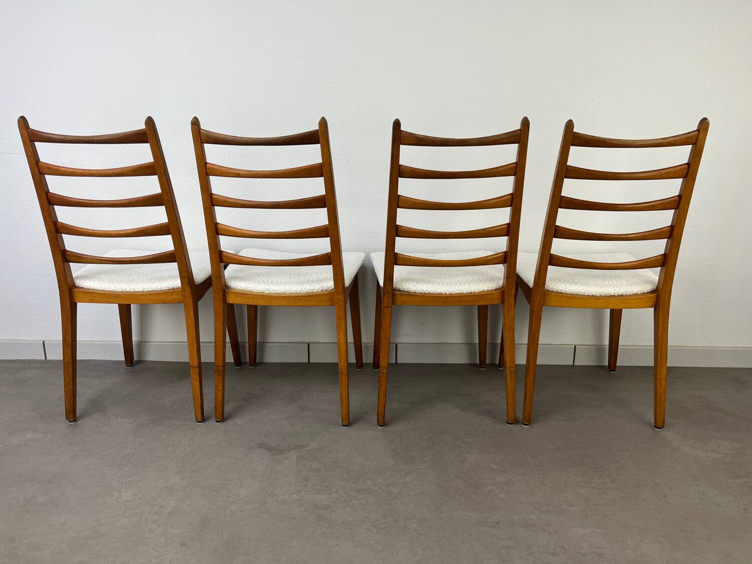 4 Scandinavian chairs, teak with boucle seats.