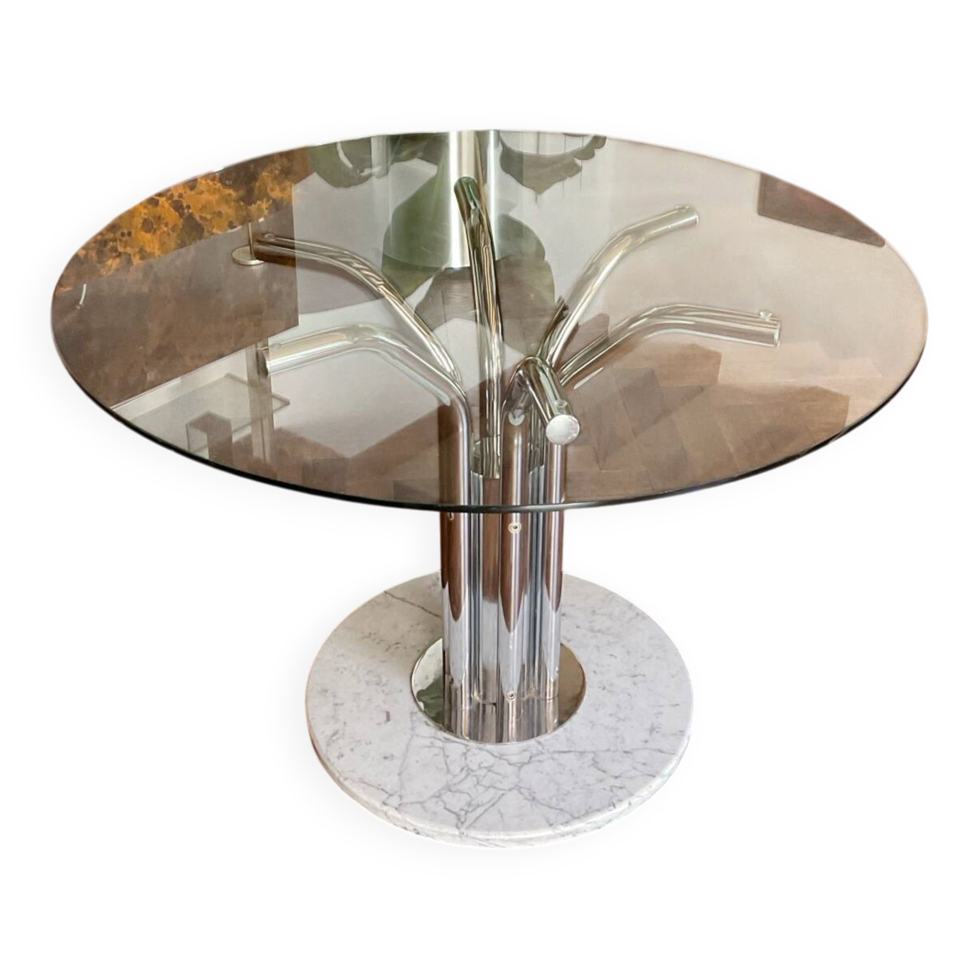 Dining table glass chrome and marble 1970s Italian vintage design