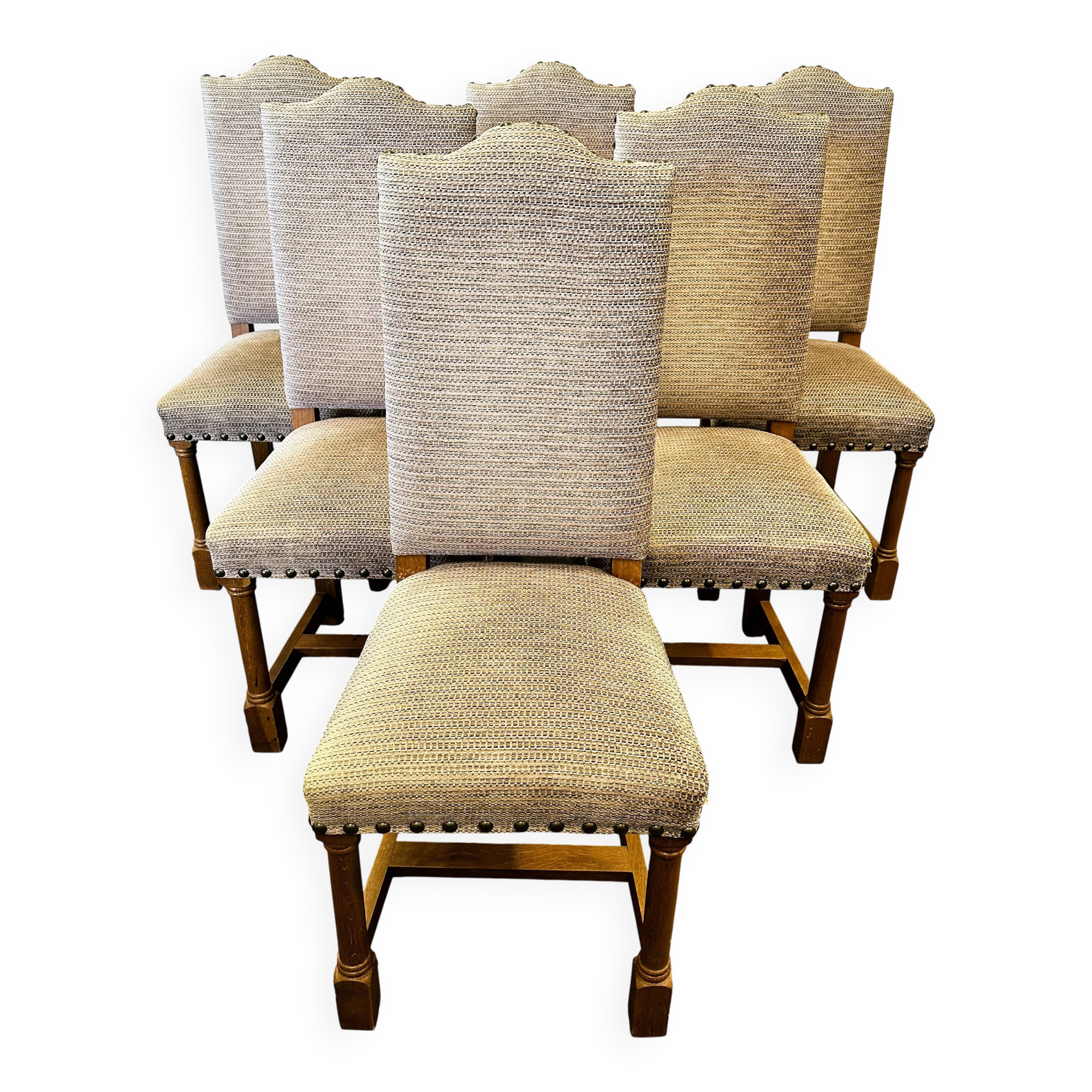 Chaises de salle à manger de style Louis XIII en chêne avec chenille rayée - Ensemble de 6.