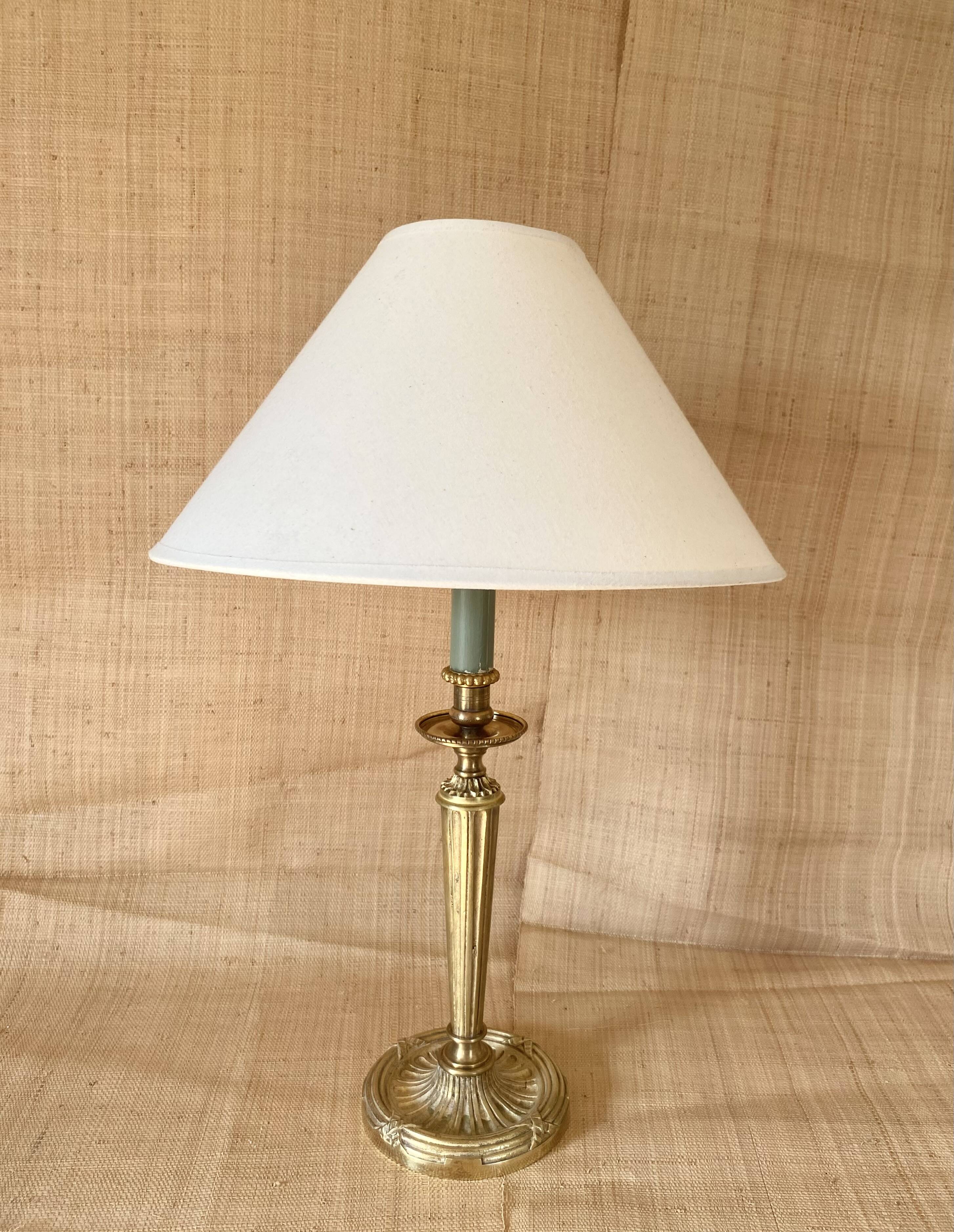 Lampe laiton, câble tissu 2M , abat-jour coton
