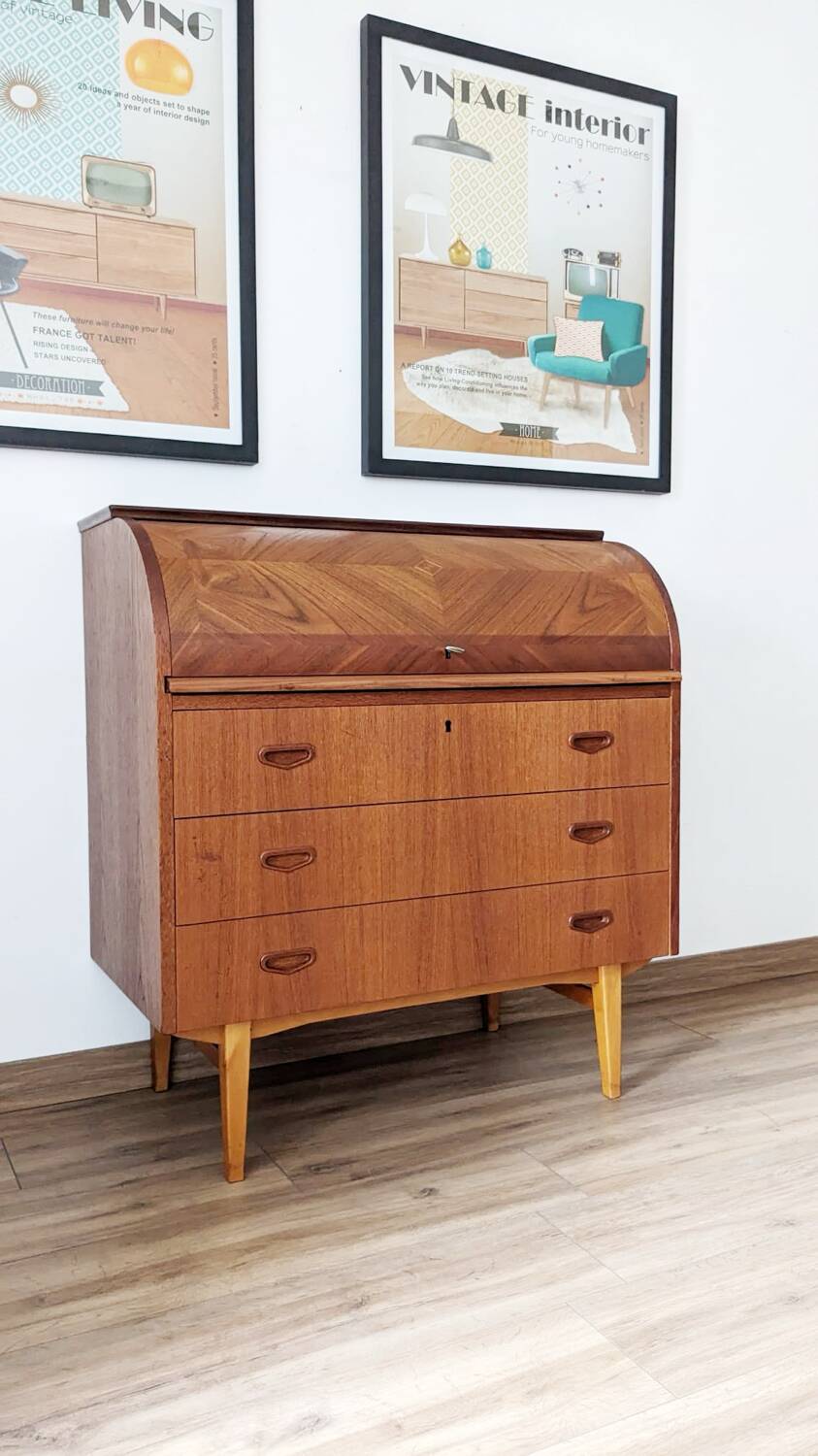 Bureau secrétaire à cylindre teck midcentury