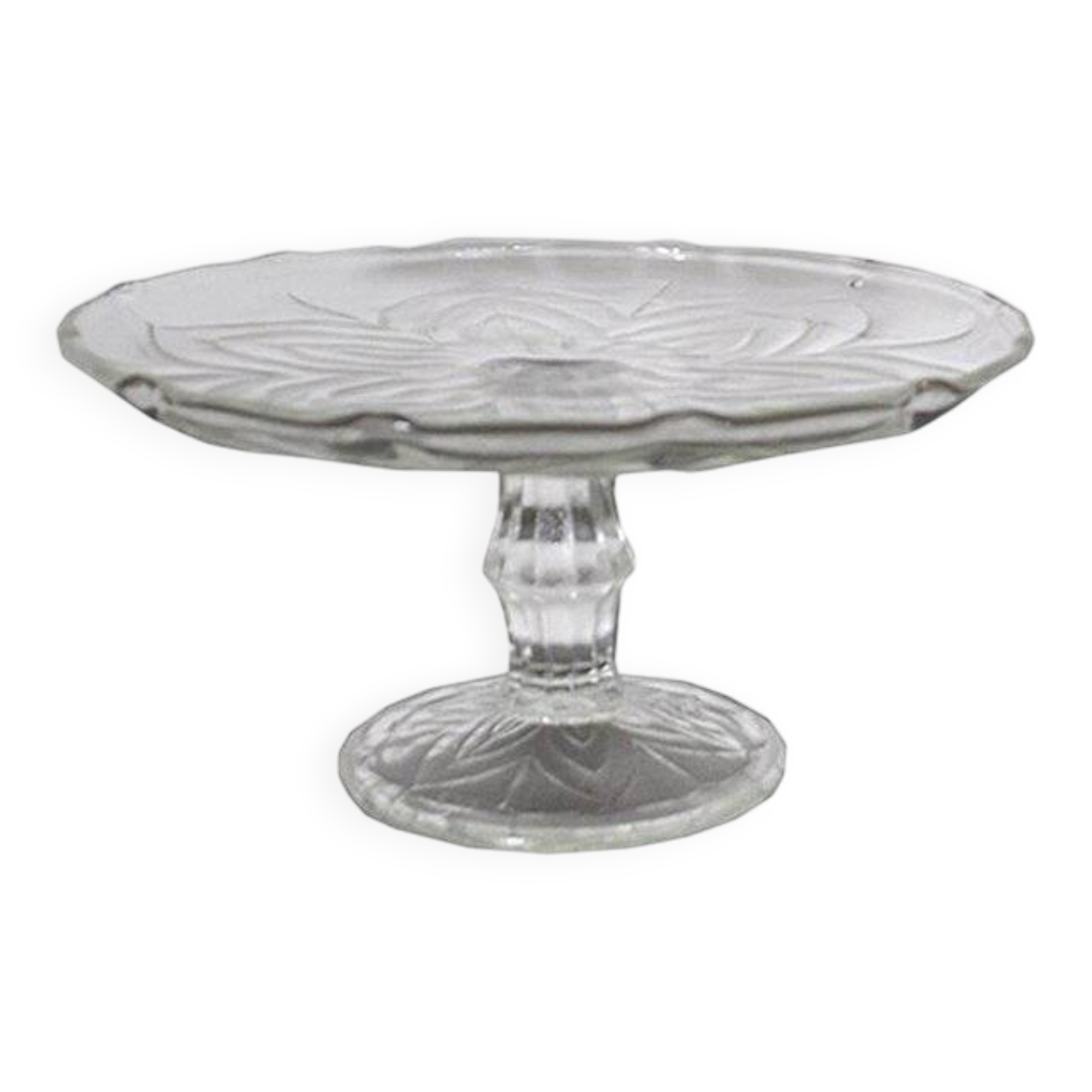 Présentoir à gâteaux antique en verre transparent, motif floral en relief, pied facetté (fin XIXe)