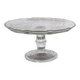 Antique glass cake stand, with raised floral pattern and faceted base (late 19th century)