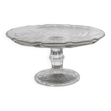 Antique glass cake stand, with raised floral pattern and faceted base (late 19th century)