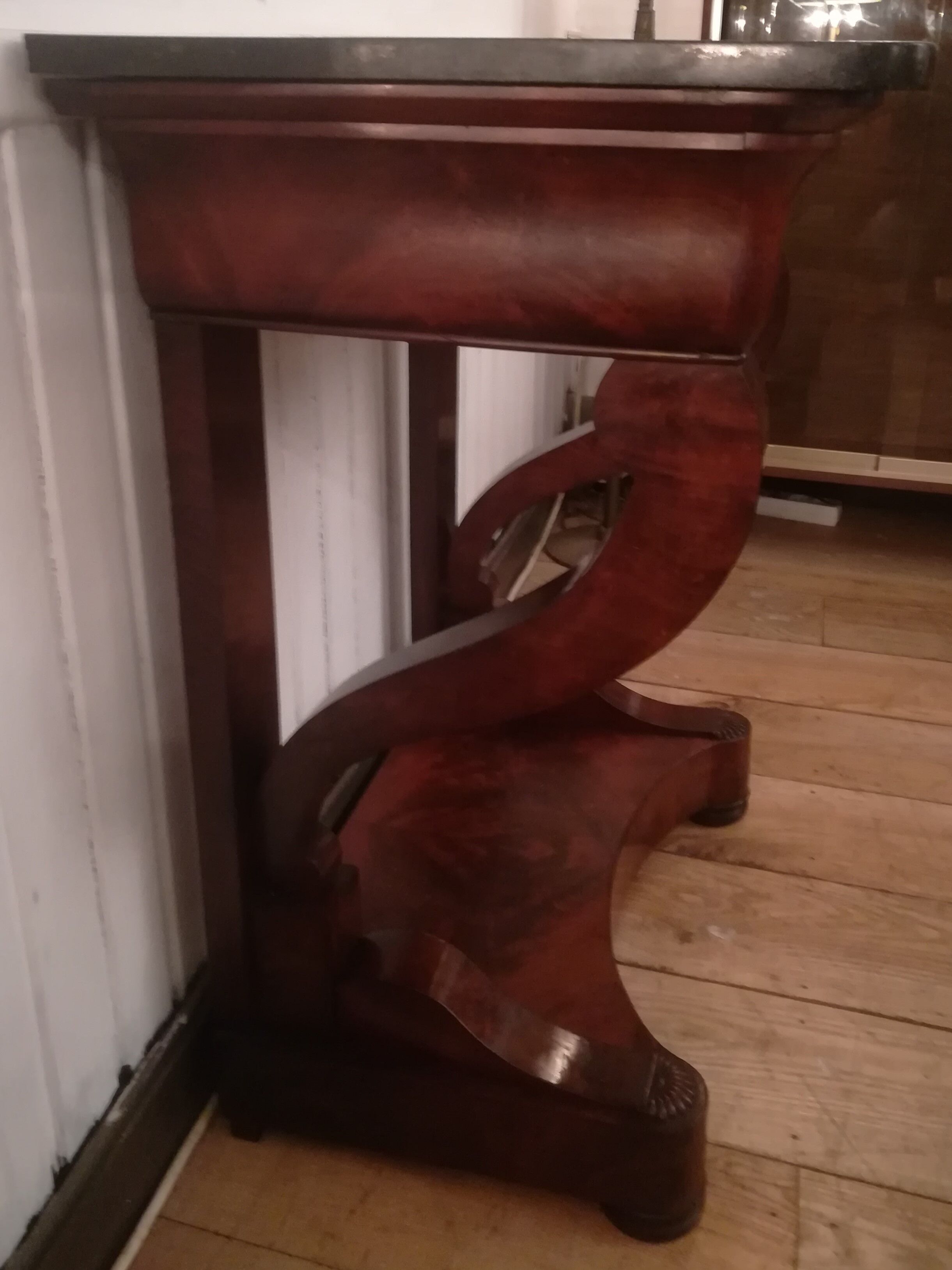 Consoles pair restoration in mahogany and black granite