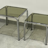 Nest of tables in chrome and smoked glass, set of 2.