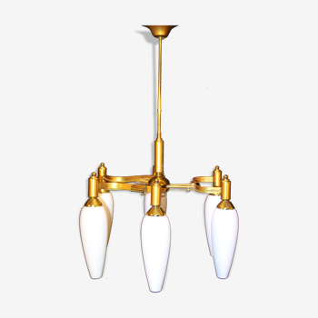1960s brass chandelier with original glass opaline, by arlus