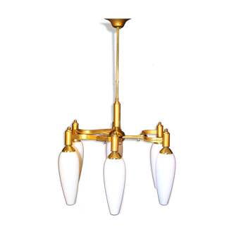1960s brass chandelier with original glass opaline, by arlus
