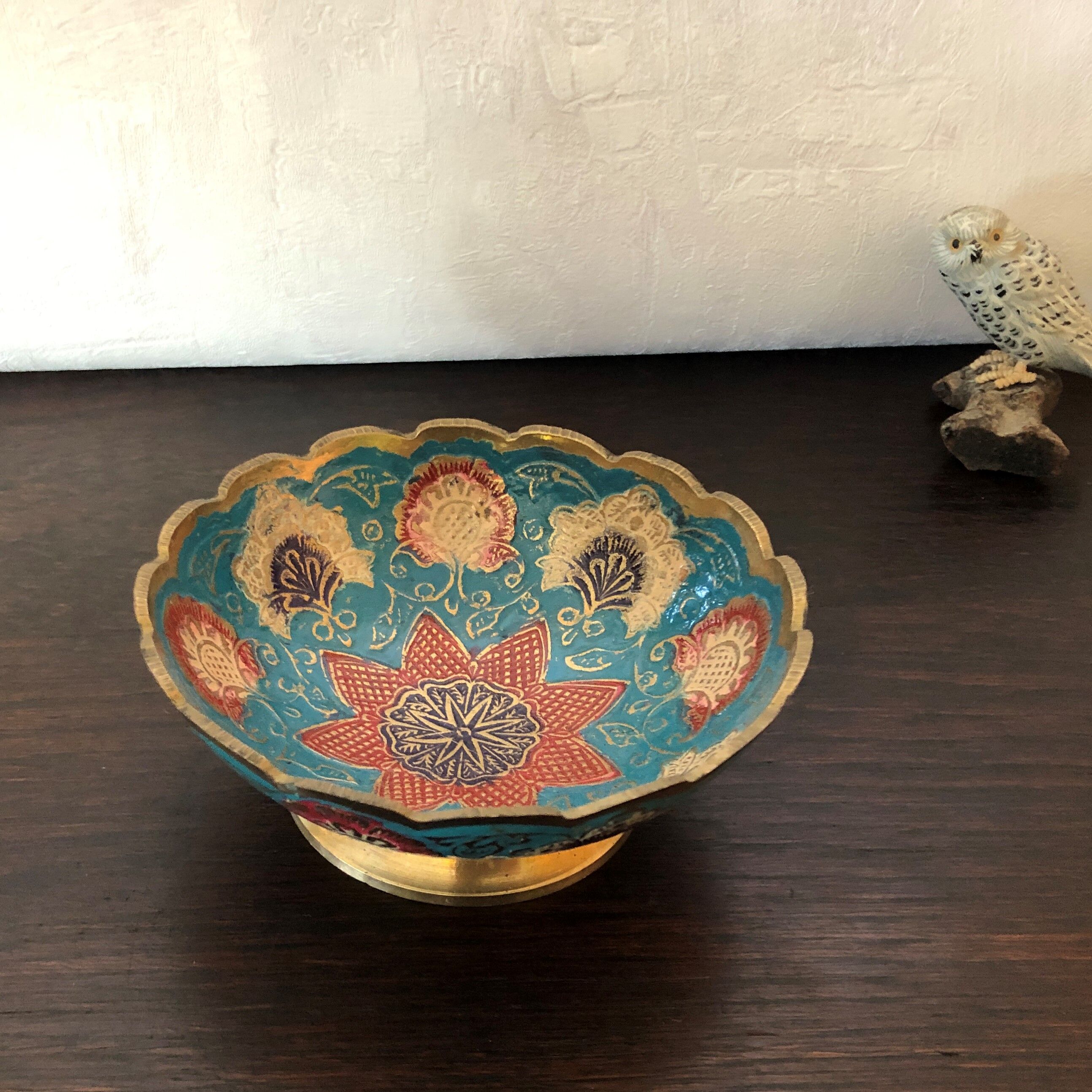 Small empty cup-pocket golden brass chiseled and painted oriental style