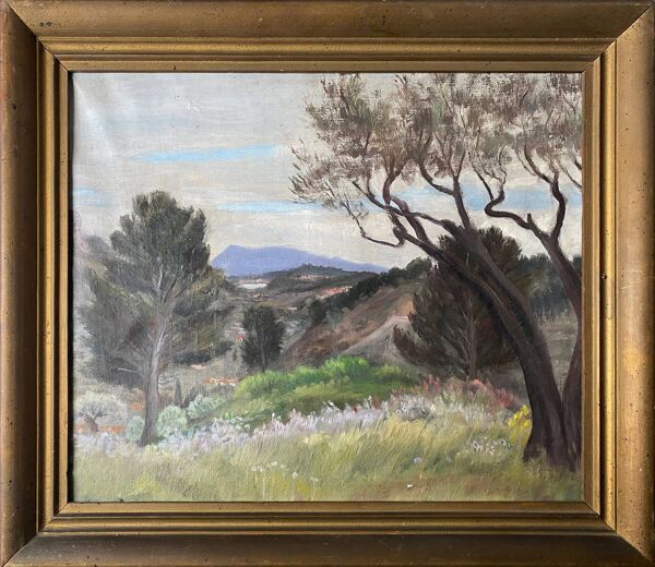 Tableau HST daté de 1959 beau ''Paysage avec montagne'' signé + cadre