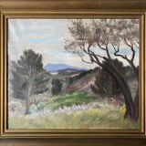 HST painting dated 1959 beautiful "Landscape with mountain" signed + frame