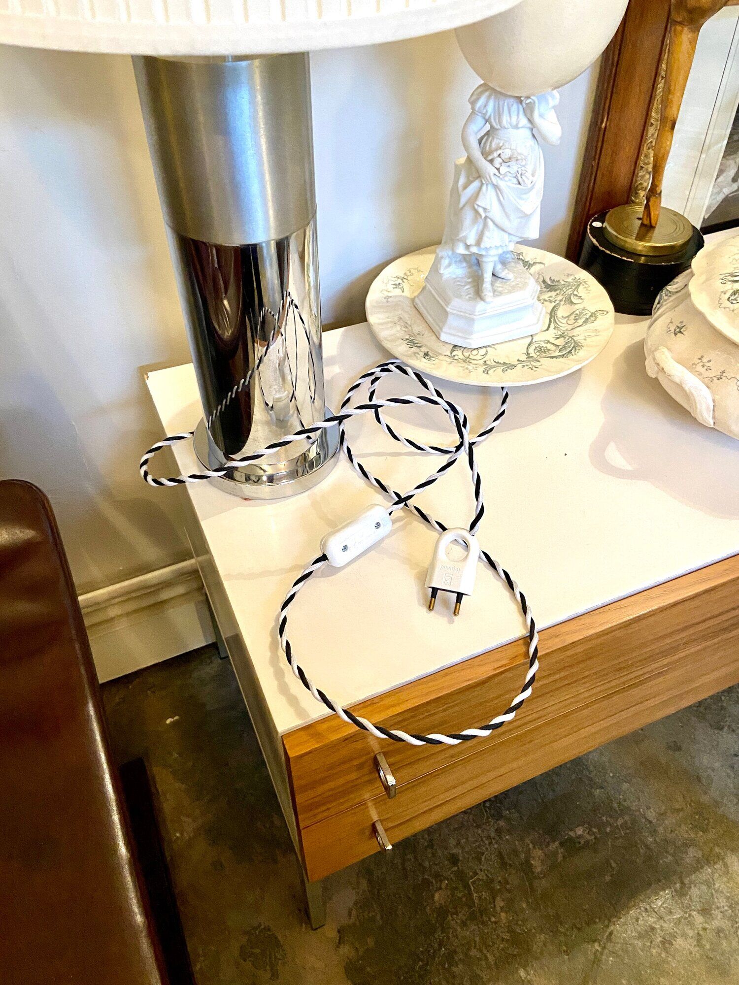 Table lamp in beige pleated cotton and chrome aluminum