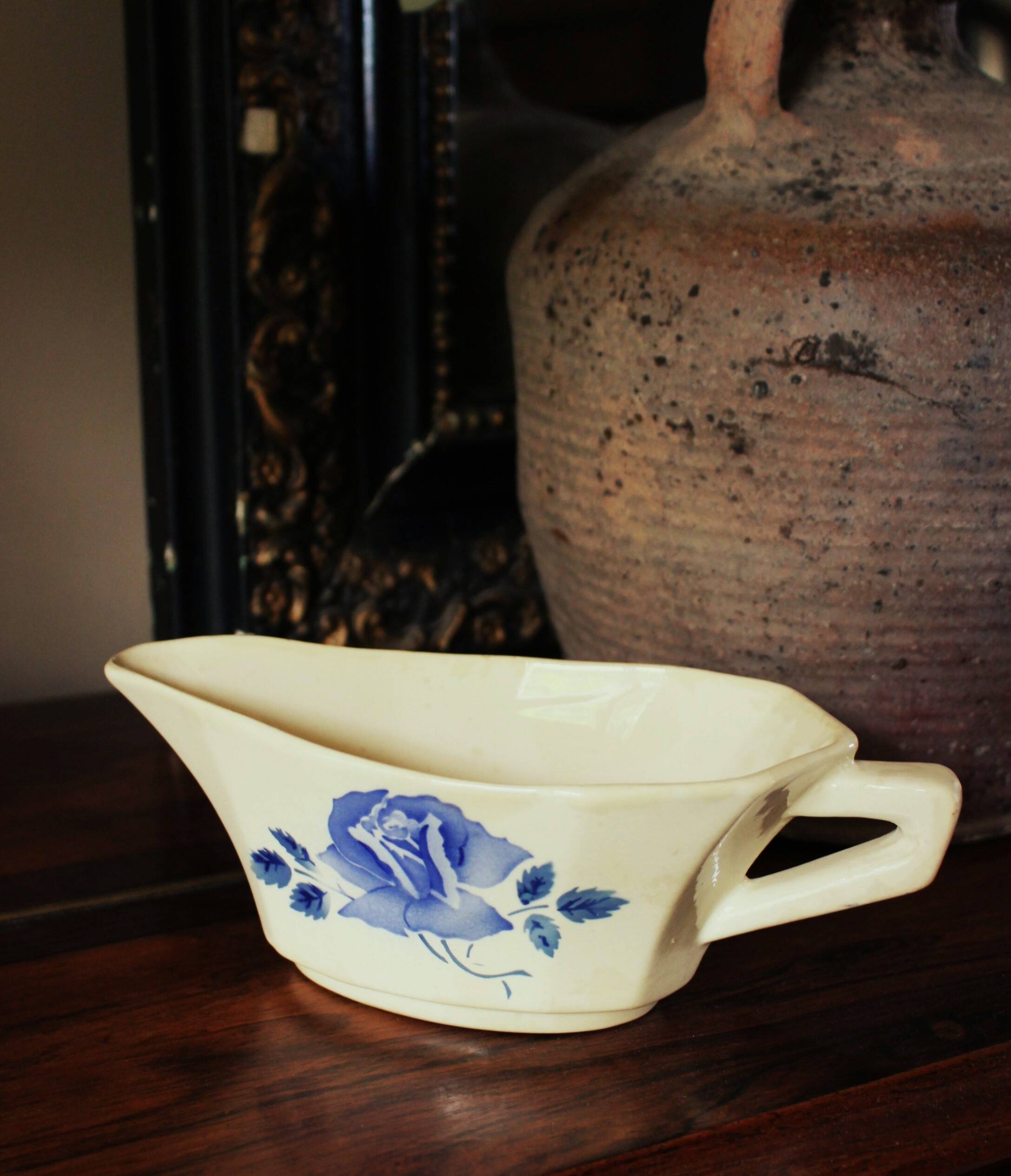 Blue rose sauce boat Digoin Sarreguemines