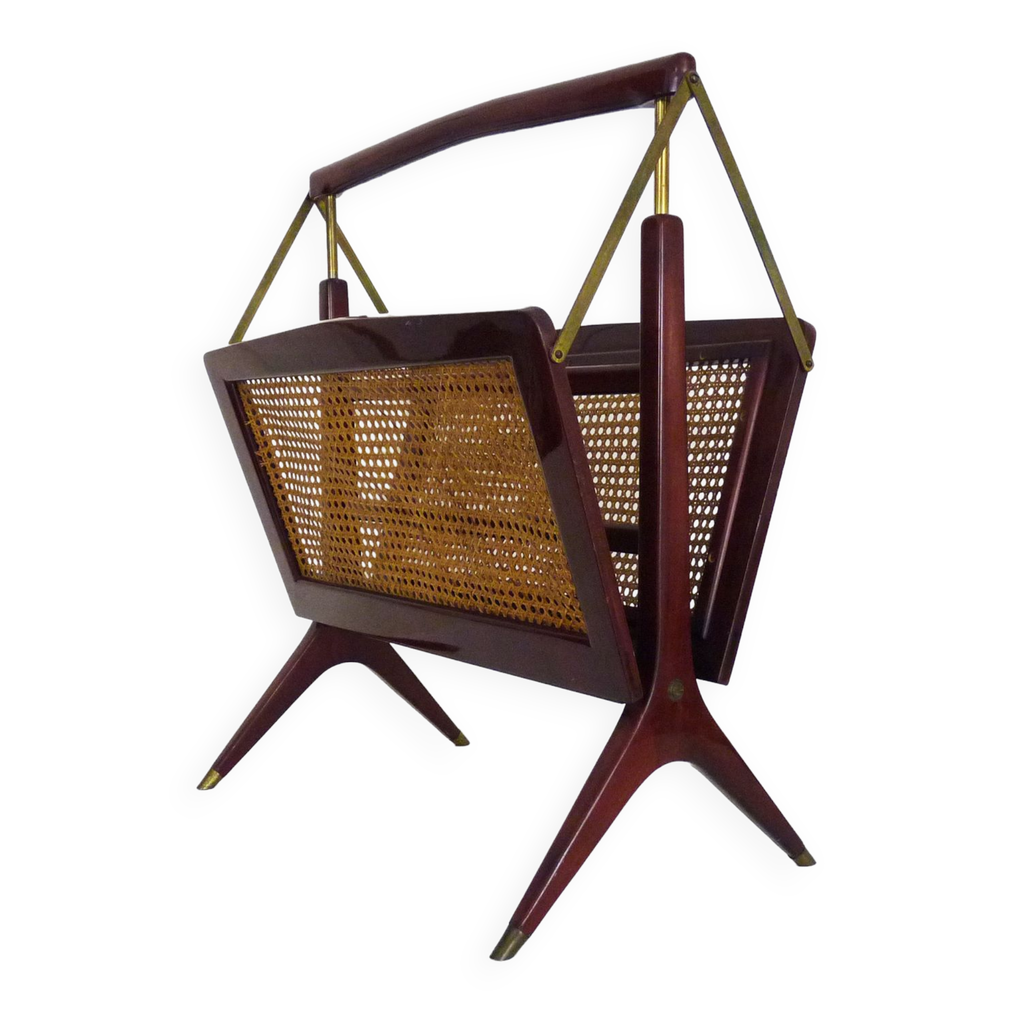 Magazine holders, italy, 1950s. walnut, canage, brass