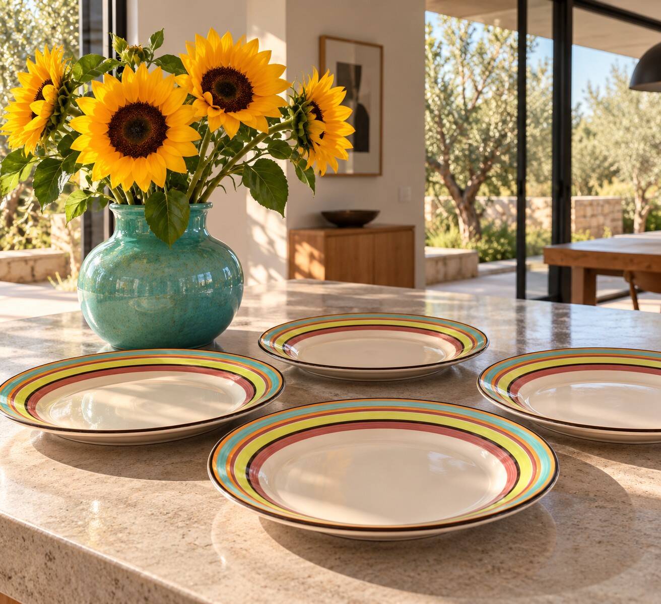 4 large graphic plates with multicoloured stripes – 26 cm