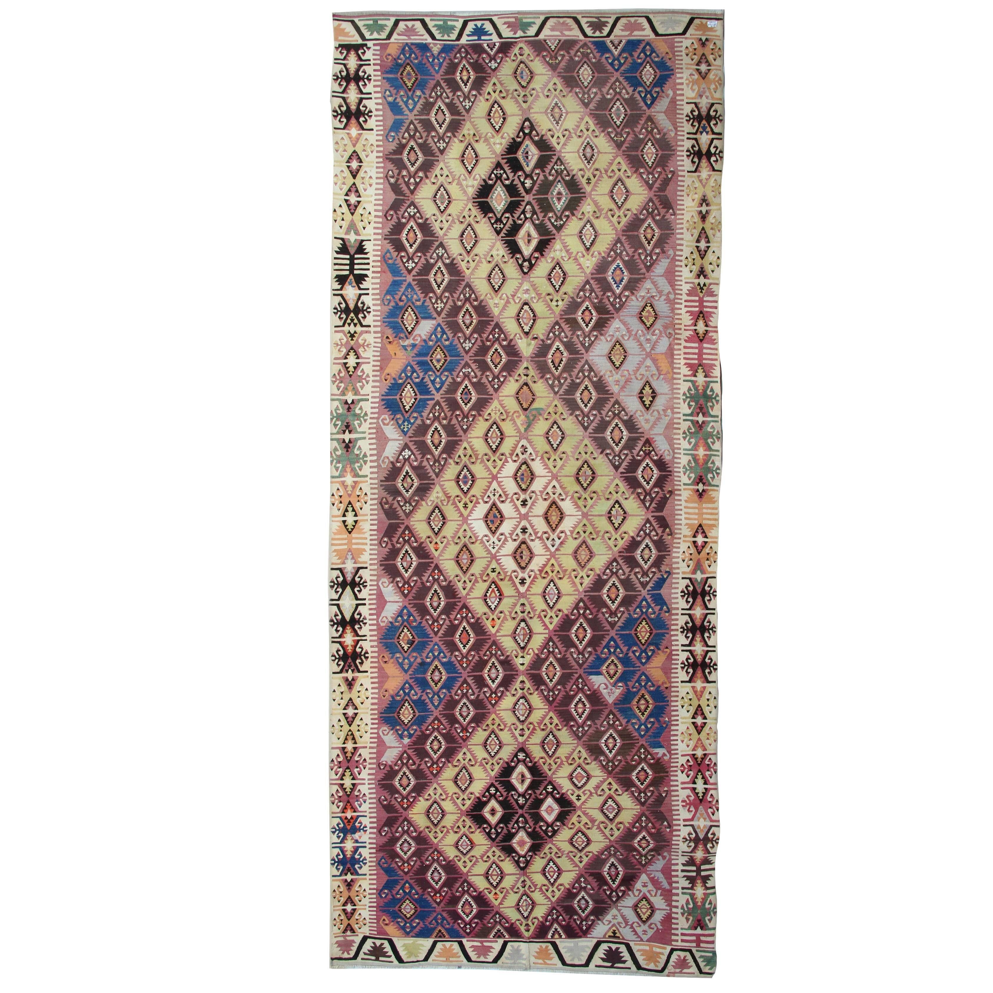 Antique Anatolian Carpet, Hand-Woven Runner, Turkish Kilim