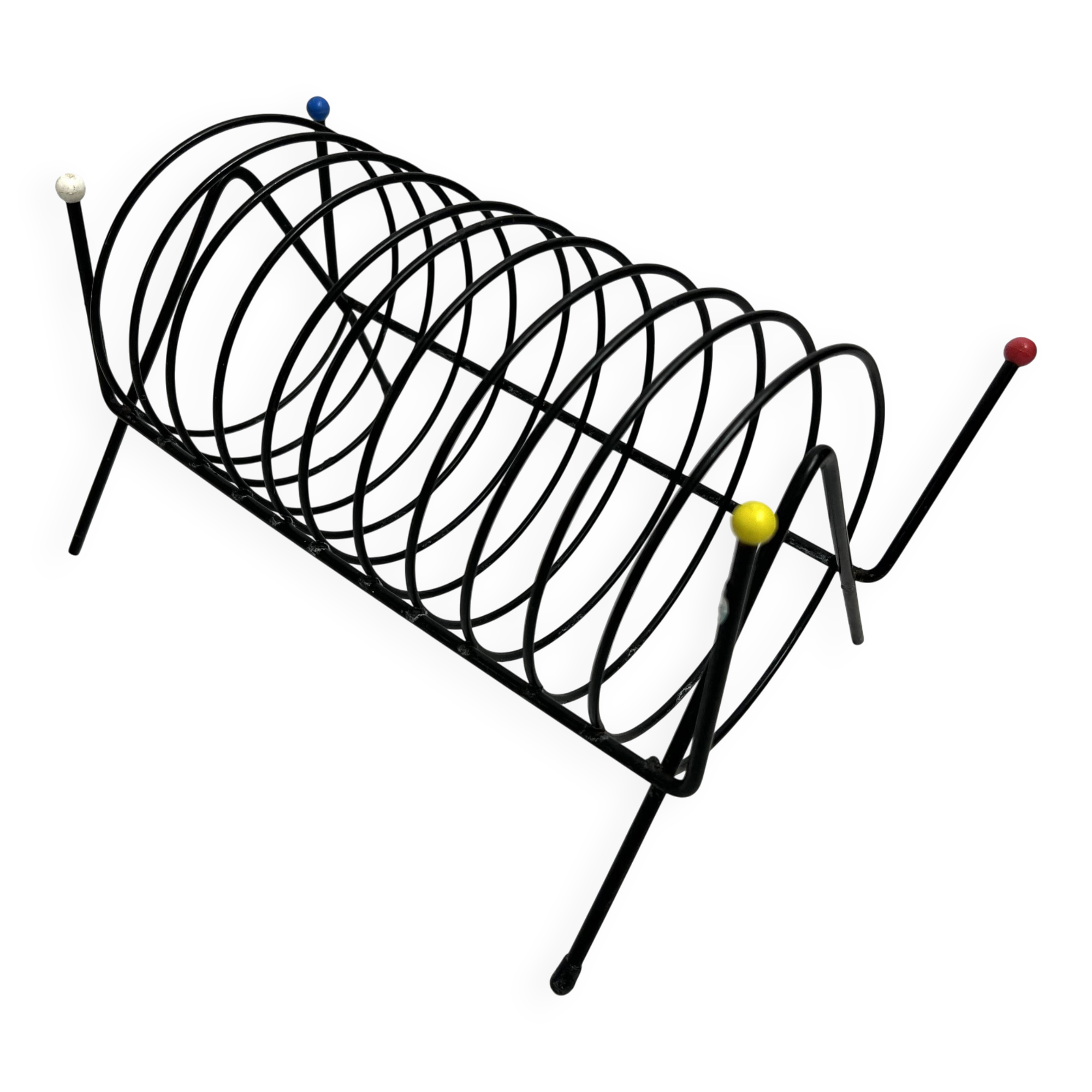 Porte-revues vintage en métal laqué noir – Design 1950s multicolore