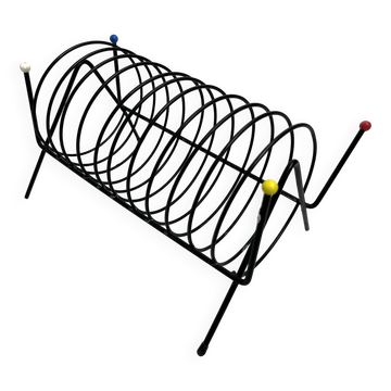 Vintage black lacquered metal magazine rack – 1950s multi-color design