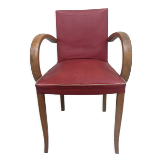 Fauteuil bridge vintage en skaï rouge et bois hêtre années 60