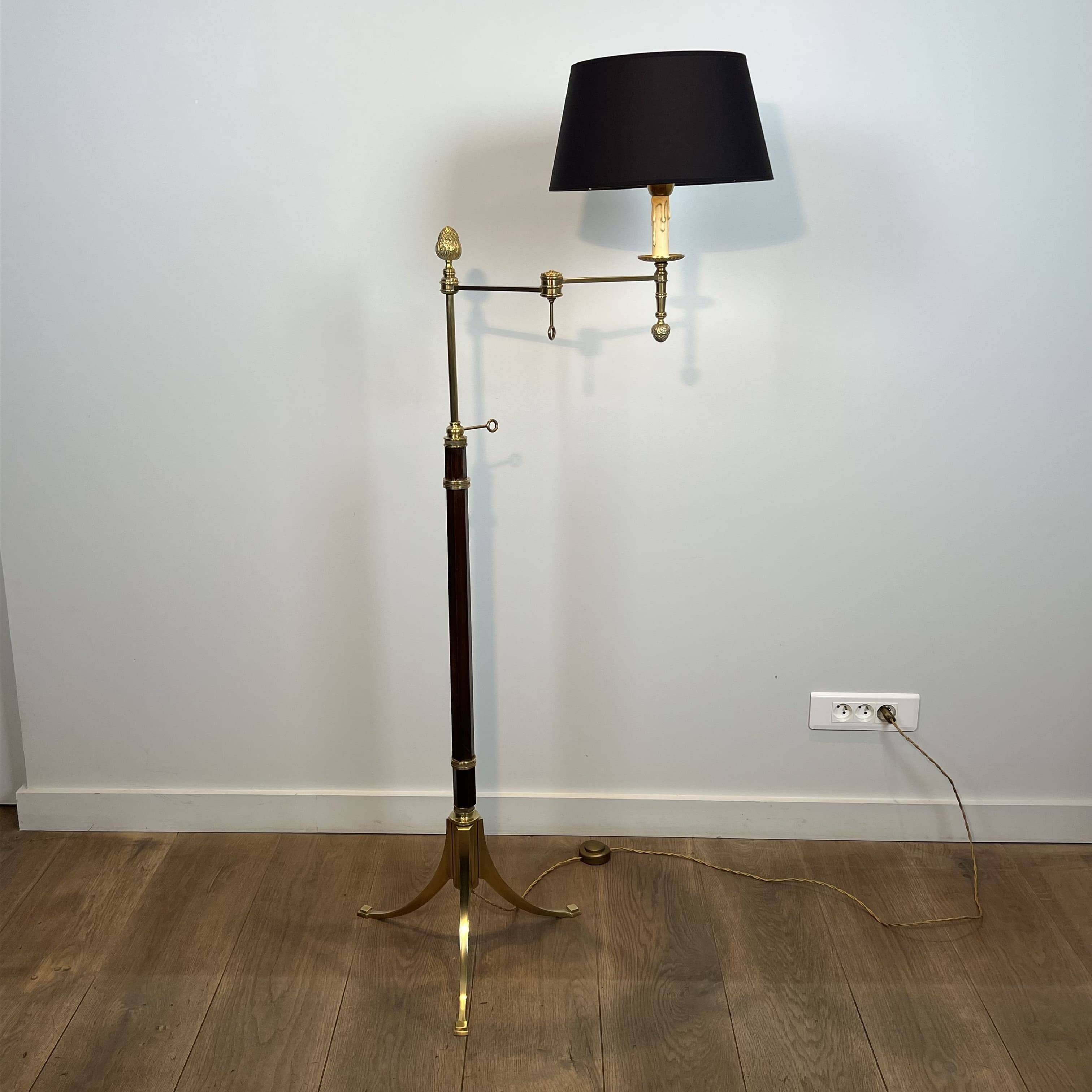 Reading Lamp in Mahogany and Gold Brass with Articulated Arm and Tripod Base