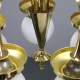 1930s Czechoslovak Art Deco brass chandelier with five opaline glass globes